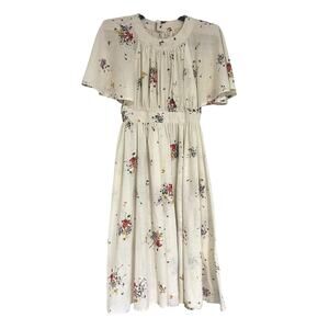 Handmade Cream Floral Poppy Cape Sleeve Dress Pockets Est XS Small 70s 80s